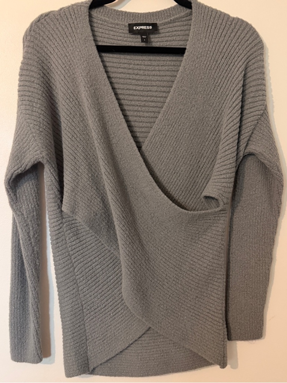 Express Metallic‎ Ribbed Faux-Wrap Sweater Small Silver Grey